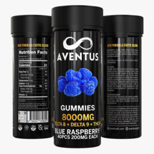 8000mg AVENTUS8 GUMMIES BLUE RASPBERRY DELTA 8 + DELTA 9 + THC-P STRONG EXOTIC BLEND